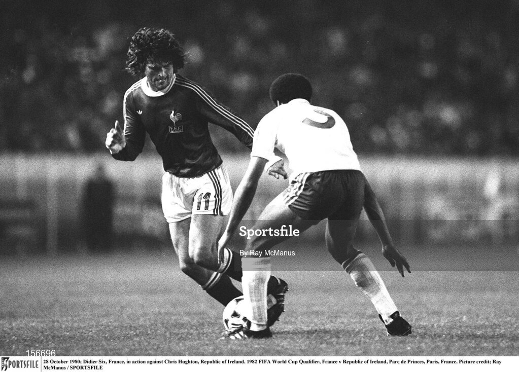 28 October 1980; Didier Six, France, in action against Chris Hughton, Republic of Ireland. 1982 FIFA World Cup Qualifier, France v Republic of Ireland, Parc de Princes, Paris, France. Picture credit; Ray McManus / SPORTSFILE