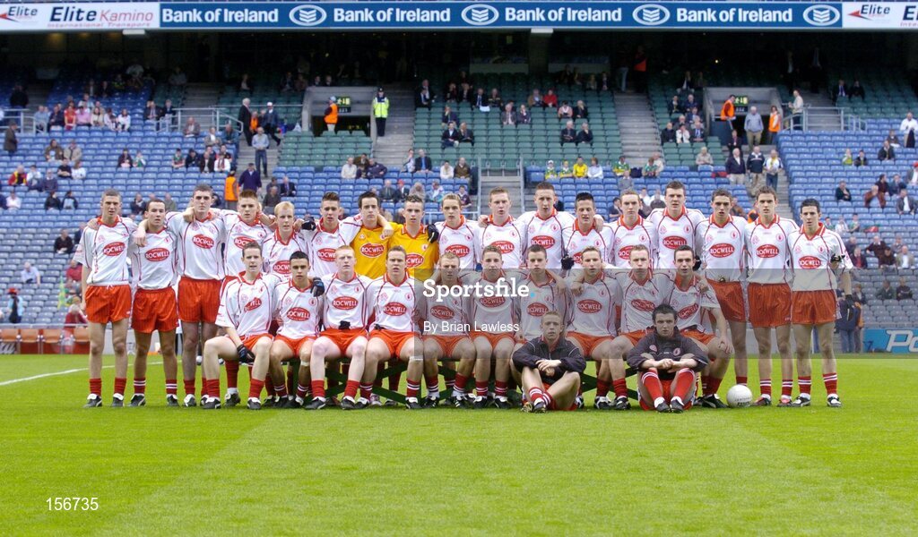 26 September 2004; The Tyrone Minor squad. All-Ireland Minor Football Championship Final, Kerry v Tyrone, Croke Park, Dublin. Picture credit; Brian Lawless / SPORTSFILE *** Local Caption *** Any photograph taken by SPORTSFILE during, or in connection with, the 2004 All-Ireland Minor Football Final which displays GAA logos or contains an image or part of an image of any GAA intellectual property, or, which contains images of a GAA player/players in their playing uniforms, may only be used for editorial and non-advertising purposes.  Use of photographs for advertising, as posters or for purchase separately is strictly prohibited unless prior written approval has been obtained from the Gaelic Athletic Association.