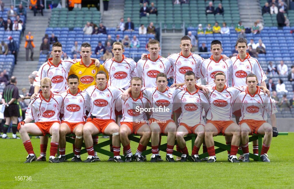 26 September 2004; The Tyrone Minor Team. All-Ireland Minor Football Championship Final, Kerry v Tyrone, Croke Park, Dublin. Picture credit; Brian Lawless / SPORTSFILE *** Local Caption *** Any photograph taken by SPORTSFILE during, or in connection with, the 2004 All-Ireland Minor Football Final which displays GAA logos or contains an image or part of an image of any GAA intellectual property, or, which contains images of a GAA player/players in their playing uniforms, may only be used for editorial and non-advertising purposes.  Use of photographs for advertising, as posters or for purchase separately is strictly prohibited unless prior written approval has been obtained from the Gaelic Athletic Association.