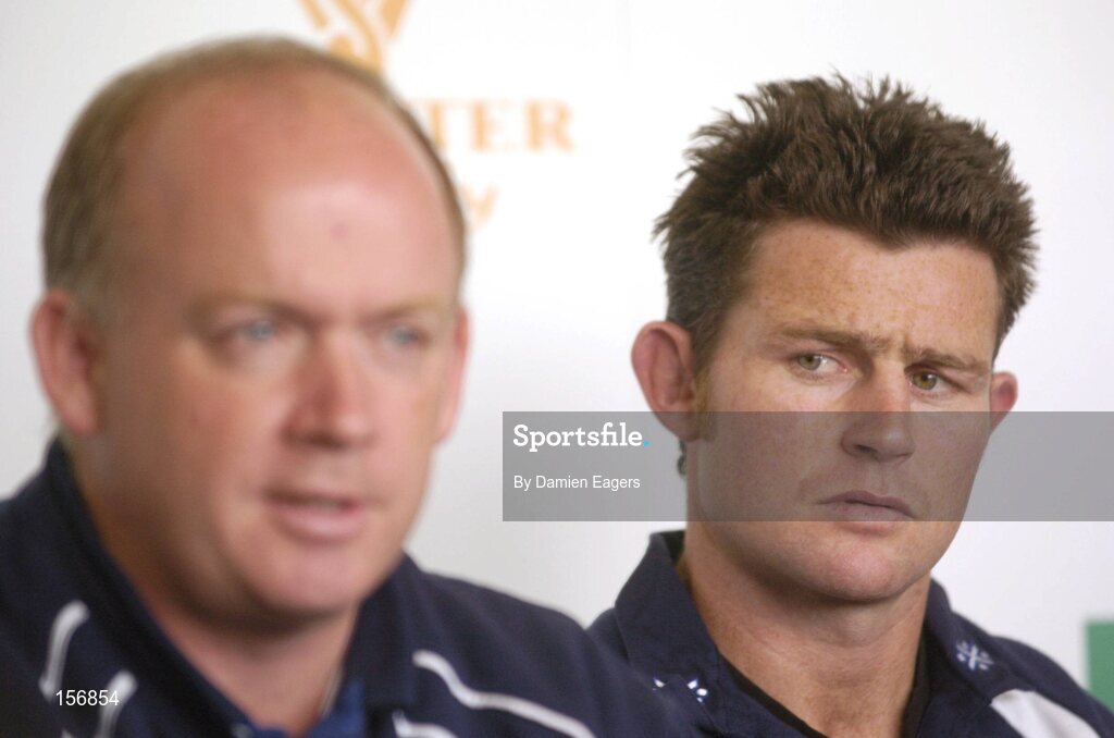 30 September 2004; David Holwell listens to Leimnster coach Declan Kidney, left, at a press conference announcing his signing for Leinster. Old Belvedere, Dublin. Picture credit; Damien Eagers / SPORTSFILE