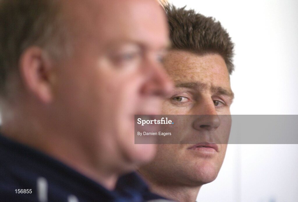 30 September 2004; David Holwell listens to Leinster coach Declan Kidney, left, during a press conference announcing his signing for Leinster. Old Belvedere, Dublin. Picture credit; Damien Eagers / SPORTSFILE