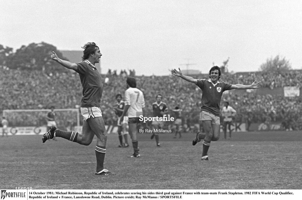 14 October 1981; Michael Robinson, Republic of Ireland, celebrates scoring his sides third goal against France with team-mate Frank Stapleton. 1982 FIFA World Cup Qualifier, Republic of Ireland v France, Lansdowne Road, Dublin. Picture credit: Ray McManus / SPORTSFILE