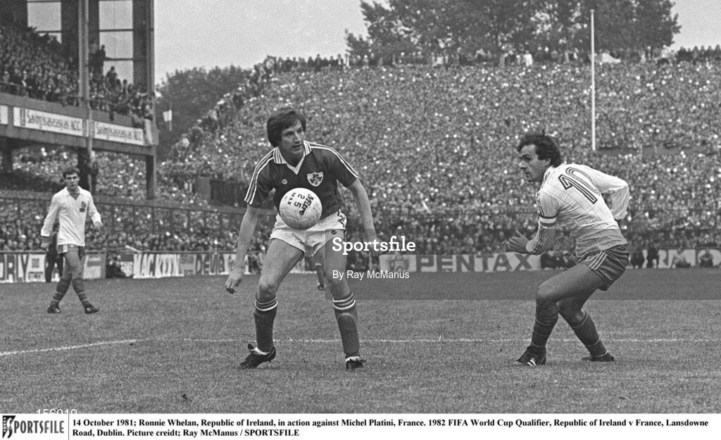 14 October 1981; Ronnie Whelan, Republic of Ireland, in action against Michel Platini, France. 1982 FIFA World Cup Qualifier, Republic of Ireland v France, Lansdowne Road, Dublin. Picture credit; Ray McManus / SPORTSFILE