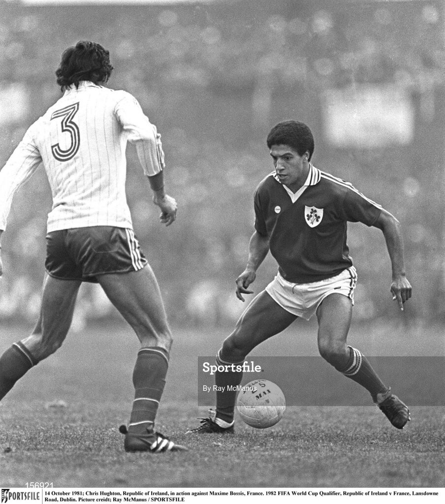 14 October 1981; Chris Hughton, Republic of Ireland, in action against Maxime Bossis, France. 1982 FIFA World Cup Qualifier, Republic of Ireland v France, Lansdowne Road, Dublin. Picture credit: Ray McManus / SPORTSFILE