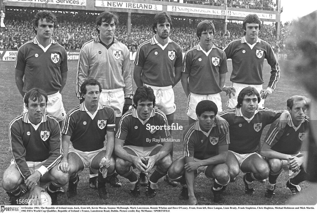 14 October 1981; The Republic of Ireland team, back, from left, Kevin Moran, Seamus McDonagh, Mark Lawrenson, Ronnie Whelan and Dave O'Leary. Front, from left, Dave Langan, Liam Brady, Frank Stapleton, Chris Hughton, Michael Robinson and Mick Martin. 1982 FIFA World Cup Qualifier, Republic of Ireland v France, Lansdowne Road, Dublin. Picture credit; Ray McManus / SPORTSFILE