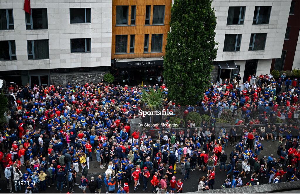 20 July 2025; Supporters mingle outside the Croke Park hotel on Jones' Road before the GAA Hurling All-Ireland Senior Championship final match between Cork and Tipperary at Croke Park in Dublin. Photo by Stephen McCarthy/Sportsfile