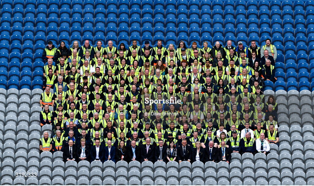 20 July 2025; Croke Park Stewards pose for a group photo before the the GAA Hurling All-Ireland Senior Championship final match between Cork and Tipperary at Croke Park in Dublin. Photo by Daire Brennan/Sportsfile
