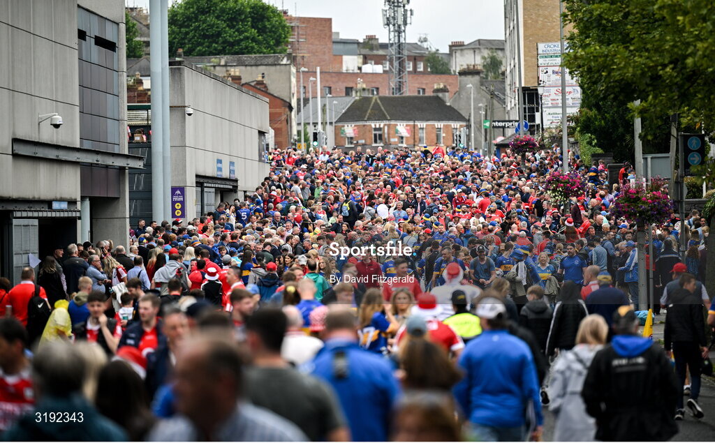 20 July 2025; Supporters mingle on Jones' Road before the GAA Hurling All-Ireland Senior Championship final match between Cork and Tipperary at Croke Park in Dublin. Photo by David Fitzgerald/Sportsfile
