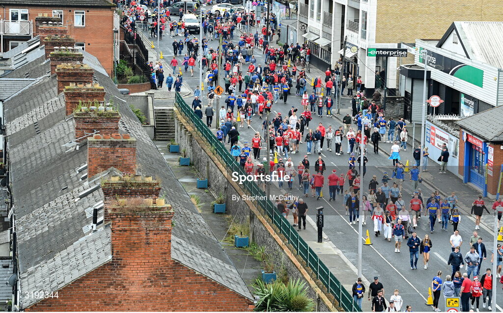20 July 2025; Supporters make their way down Jones' Road before the GAA Hurling All-Ireland Senior Championship final match between Cork and Tipperary at Croke Park in Dublin. Photo by Stephen McCarthy/Sportsfile