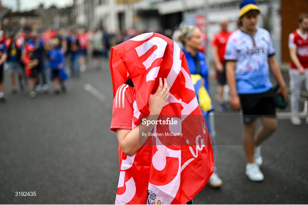 20 July 2025; A Cork supporter before the GAA Hurling All-Ireland Senior Championship final match between Cork and Tipperary at Croke Park in Dublin. Photo by Stephen McCarthy/Sportsfile