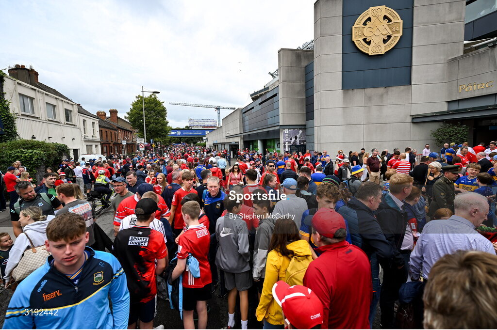 20 July 2025; Supporters mingle on Jones' Road before the GAA Hurling All-Ireland Senior Championship final match between Cork and Tipperary at Croke Park in Dublin. Photo by Stephen McCarthy/Sportsfile