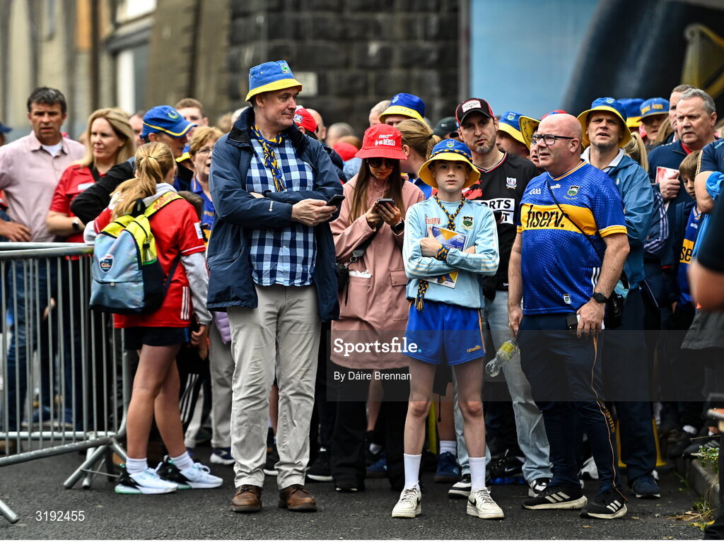 20 July 2025; Supporters wait for the turnstiles to open ahead of the GAA Hurling All-Ireland Senior Championship final match between Cork and Tipperary at Croke Park in Dublin. Photo by Daire Brennan/Sportsfile