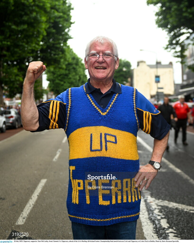 20 July 2025; Tipperary supporter Tom McCarthy, from Clonmel, Co Tipperary, ahead of the GAA Hurling All-Ireland Senior Championship final match between Cork and Tipperary at Croke Park in Dublin. Photo by Daire Brennan/Sportsfile