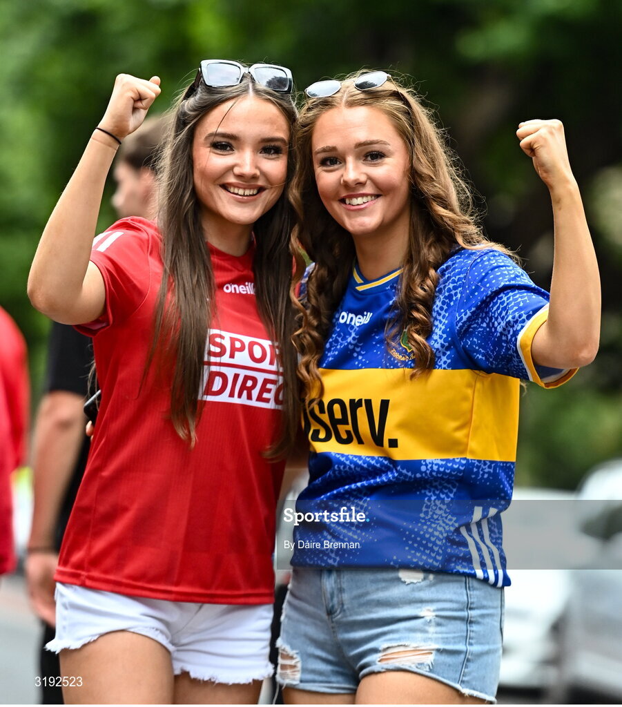 20 July 2025; Cork supporter Shauna McCarthy, from Cork city, and Tipperary supporter Kate O'Heney, from Emly, Co Tipperary, ahead of the GAA Hurling All-Ireland Senior Championship final match between Cork and Tipperary at Croke Park in Dublin. Photo by Daire Brennan/Sportsfile