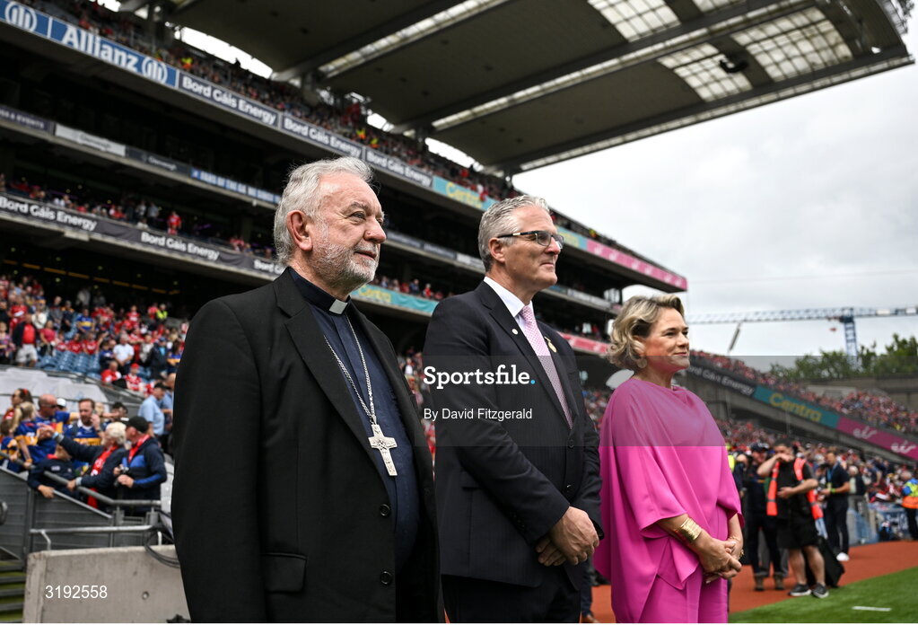 20 July 2025; Patron of the GAA and Bishop of Cashel and Emly Kieran O'Reilly, with Uachtarán Chumann Lúthchleas Gael Jarlath Burns and his wife Suzanne arrive before the GAA Hurling All-Ireland Senior Championship final match between Cork and Tipperary at Croke Park in Dublin. Photo by David Fitzgerald/Sportsfile