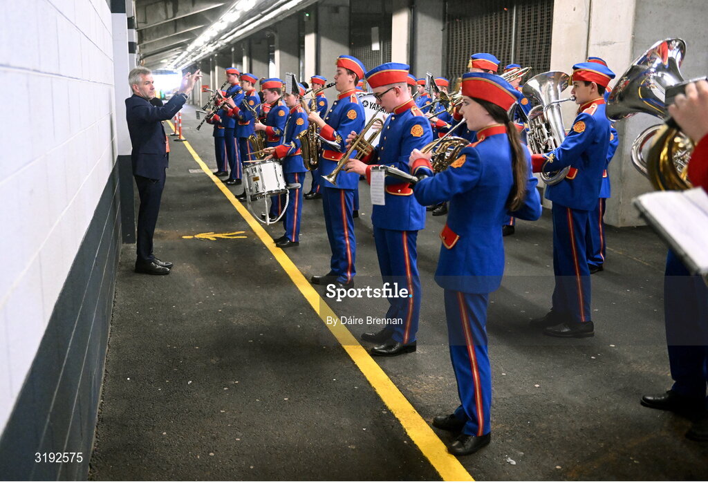20 July 2025; The Artane School of Music Band under the guidance of director Ronan O'Reilly warm-up under the Davin Stand ahead of the GAA Hurling All-Ireland Senior Championship final match between Cork and Tipperary at Croke Park in Dublin. Photo by Daire Brennan/Sportsfile