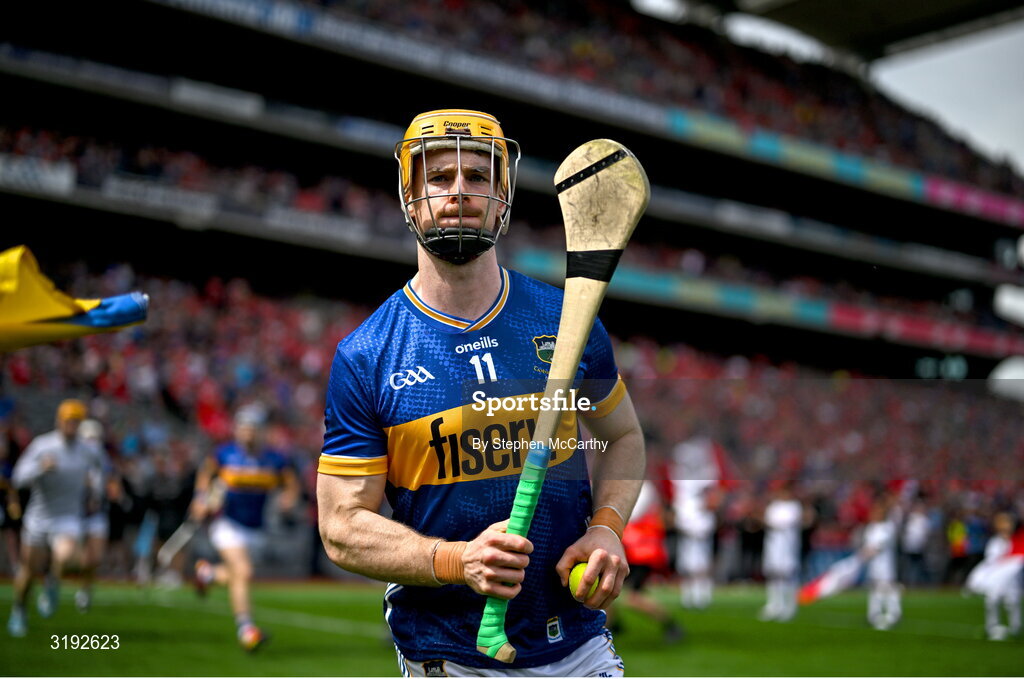 20 July 2025; Andrew Ormond of Tipperary runs onto the pitch before the GAA Hurling All-Ireland Senior Championship final match between Cork and Tipperary at Croke Park in Dublin. Photo by Stephen McCarthy/Sportsfile