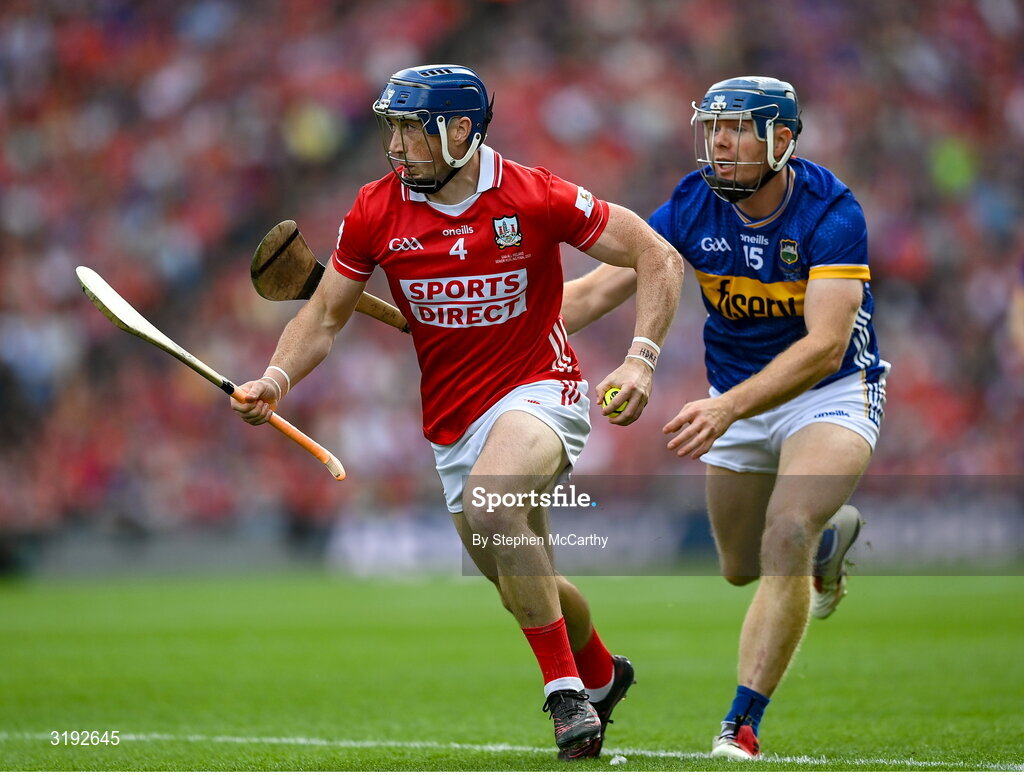 20 July 2025; Seán O'Donoghue of Cork in action against Jason Forde of Tipperary during the GAA Hurling All-Ireland Senior Championship final match between Cork and Tipperary at Croke Park in Dublin. Photo by Stephen McCarthy/Sportsfile