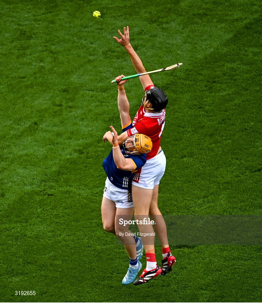 20 July 2025; Robert Downey of Cork in action against Andrew Ormond of Tipperary during the GAA Hurling All-Ireland Senior Championship final match between Cork and Tipperary at Croke Park in Dublin. Photo by David Fitzgerald/Sportsfile