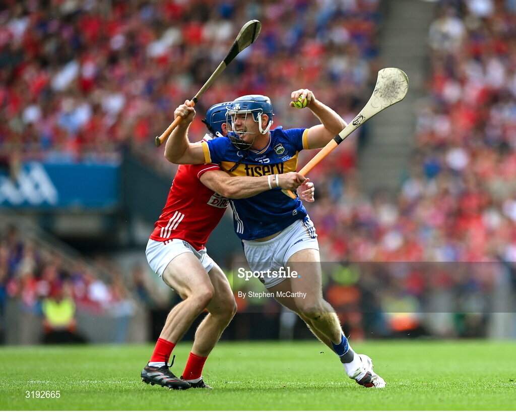 20 July 2025; Jason Forde of Tipperary in action against Seán O'Donoghue of Cork during the GAA Hurling All-Ireland Senior Championship final match between Cork and Tipperary at Croke Park in Dublin. Photo by Stephen McCarthy/Sportsfile