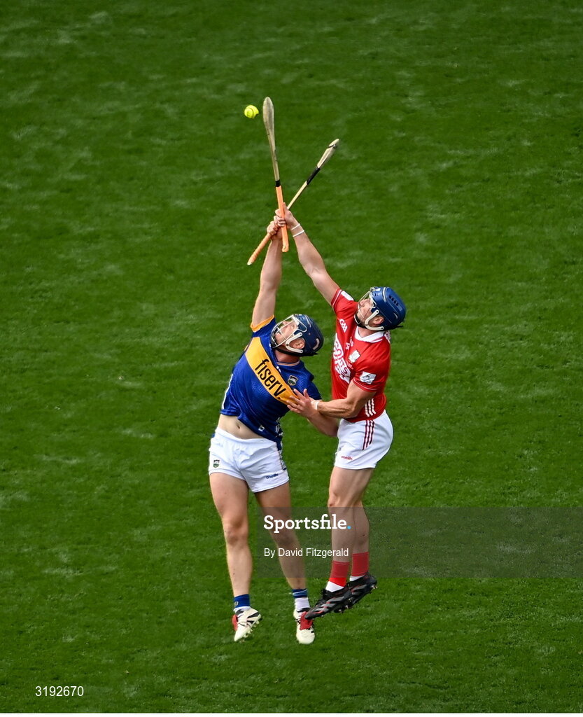 20 July 2025; Jason Forde of Tipperary in action against Seán O'Donoghue of Cork during the GAA Hurling All-Ireland Senior Championship final match between Cork and Tipperary at Croke Park in Dublin. Photo by David Fitzgerald/Sportsfile