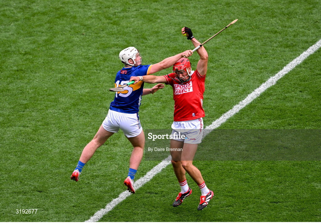 20 July 2025; Ciarán Joyce of Cork and Jason Forde of Tipperary contest possession during the GAA Hurling All-Ireland Senior Championship final match between Cork and Tipperary at Croke Park in Dublin. Photo by Daire Brennan/Sportsfile