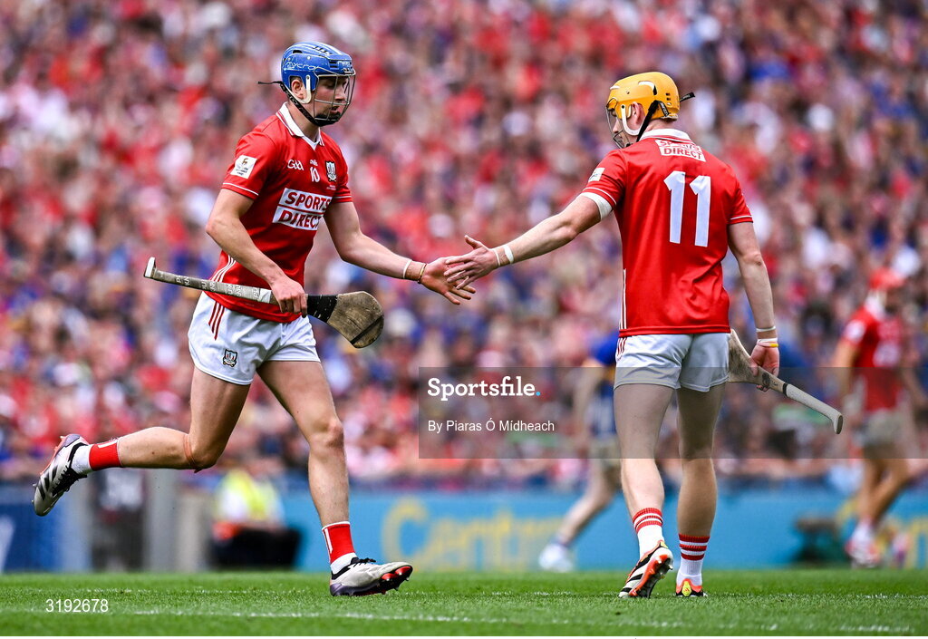 20 July 2025; Diarmuid Healy of Cork, left, celebrates with team-mate Shane Barrett during the GAA Hurling All-Ireland Senior Championship final match between Cork and Tipperary at Croke Park in Dublin. Photo by Piaras Ó Mídheach/Sportsfile
