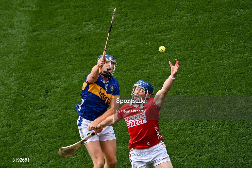 20 July 2025; Jason Forde of Tipperary in action against Seán O'Donoghue of Cork during the GAA Hurling All-Ireland Senior Championship final match between Cork and Tipperary at Croke Park in Dublin. Photo by David Fitzgerald/Sportsfile