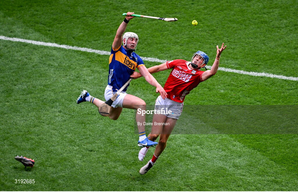 20 July 2025; Diarmuid Healy of Cork loses his boot as he attempts to gain possession ahead of Eoghan Connolly of Tipperary during the GAA Hurling All-Ireland Senior Championship final match between Cork and Tipperary at Croke Park in Dublin. Photo by Daire Brennan/Sportsfile