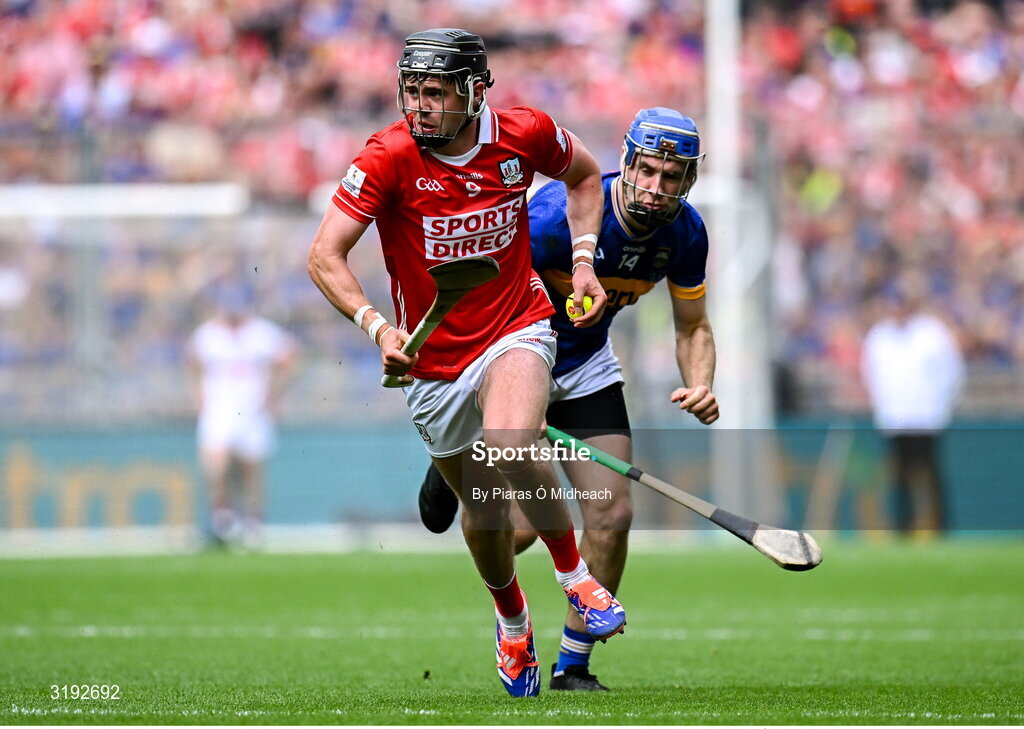 20 July 2025; Darragh Fitzgibbon of Cork in action against John McGrath of Tipperary during the GAA Hurling All-Ireland Senior Championship final match between Cork and Tipperary at Croke Park in Dublin. Photo by Piaras Ó Mídheach/Sportsfile