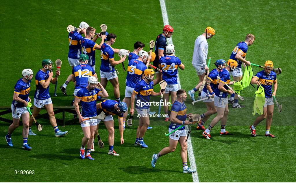 20 July 2025; The Tipperary team break away from the team photograph before the GAA Hurling All-Ireland Senior Championship final match between Cork and Tipperary at Croke Park in Dublin. Photo by Daire Brennan/Sportsfile