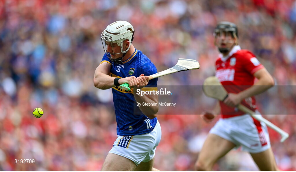 20 July 2025; Eoghan Connolly of Tipperary has a shot on goal during the GAA Hurling All-Ireland Senior Championship final match between Cork and Tipperary at Croke Park in Dublin. Photo by Stephen McCarthy/Sportsfile