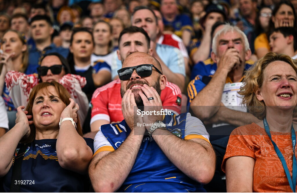 20 July 2025; Tipperary supporters react during the GAA Hurling All-Ireland Senior Championship final match between Cork and Tipperary at Croke Park in Dublin. Photo by David Fitzgerald/Sportsfile