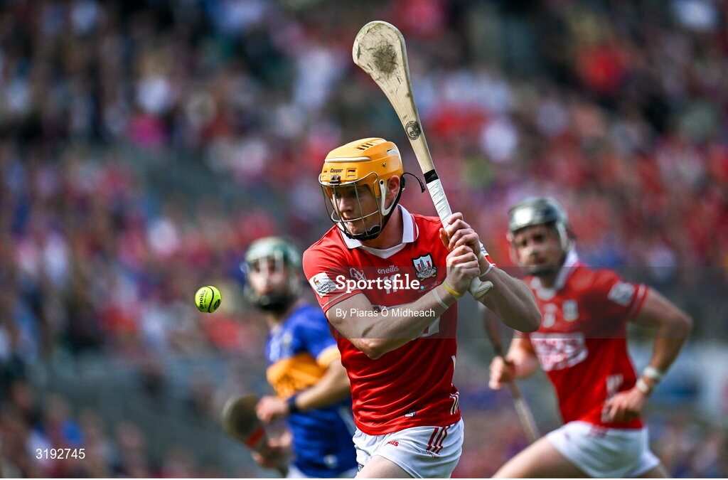 20 July 2025; Shane Barrett of Cork celebrates shoots to score his side's first goal during the GAA Hurling All-Ireland Senior Championship final match between Cork and Tipperary at Croke Park in Dublin. Photo by Piaras Ó Mídheach/Sportsfile