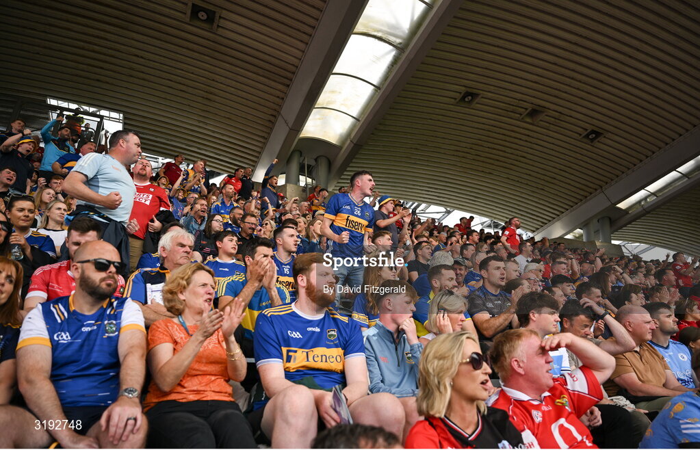 20 July 2025; Tipperary supporters celebrate a point during the GAA Hurling All-Ireland Senior Championship final match between Cork and Tipperary at Croke Park in Dublin. Photo by David Fitzgerald/Sportsfile
