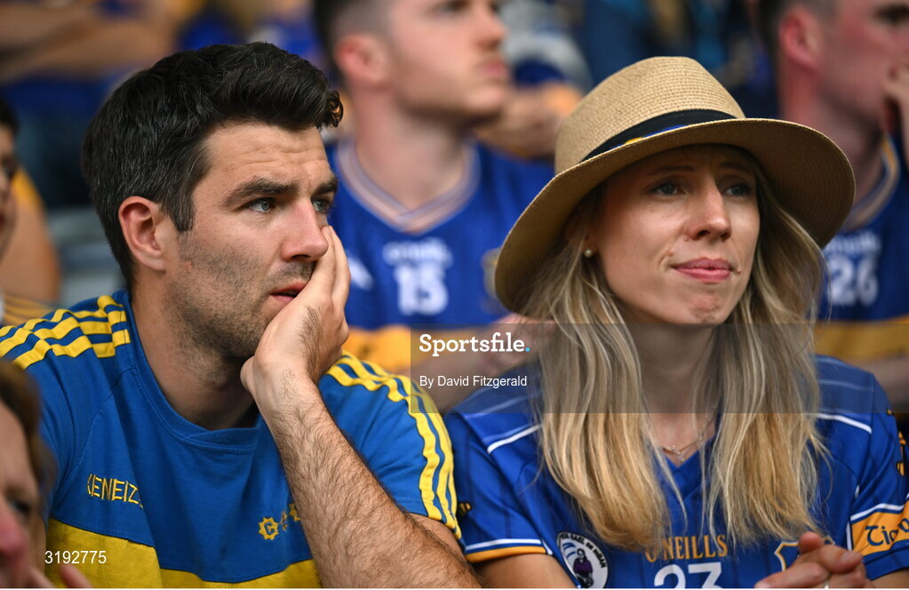 20 July 2025; Tipperary supporters react after their side conceded a goal during the GAA Hurling All-Ireland Senior Championship final match between Cork and Tipperary at Croke Park in Dublin. Photo by David Fitzgerald/Sportsfile