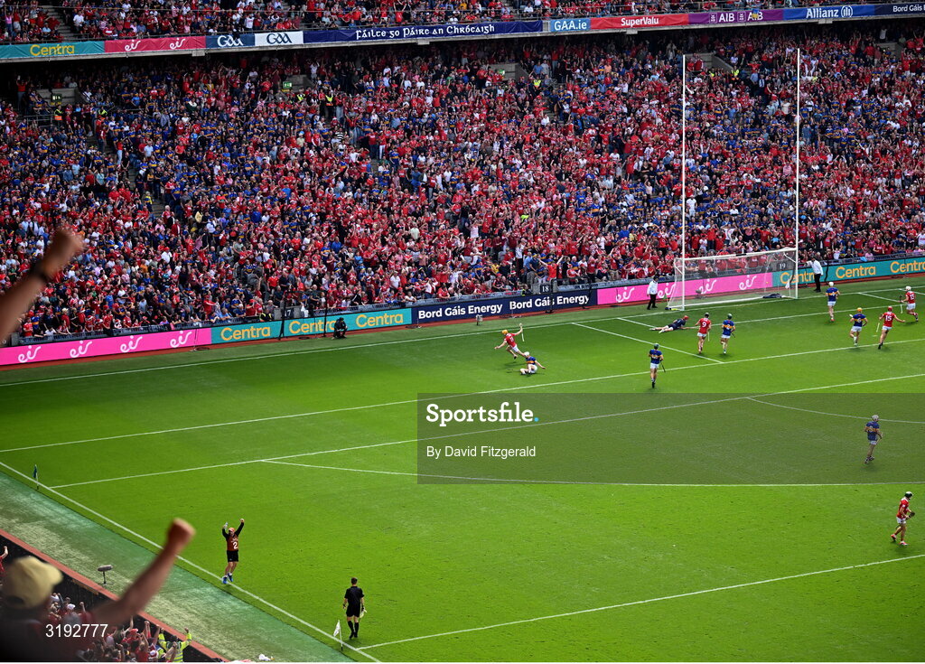 20 July 2025; Shane Barrett of Cork, 11, celebrates after scoring his side's first goal during the GAA Hurling All-Ireland Senior Championship final match between Cork and Tipperary at Croke Park in Dublin. Photo by David Fitzgerald/Sportsfile