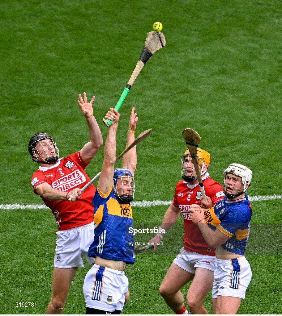 20 July 2025; John McGrath of Tipperary and Eoin Downey of Cork contest possession during the GAA Hurling All-Ireland Senior Championship final match between Cork and Tipperary at Croke Park in Dublin. Photo by Daire Brennan/Sportsfile