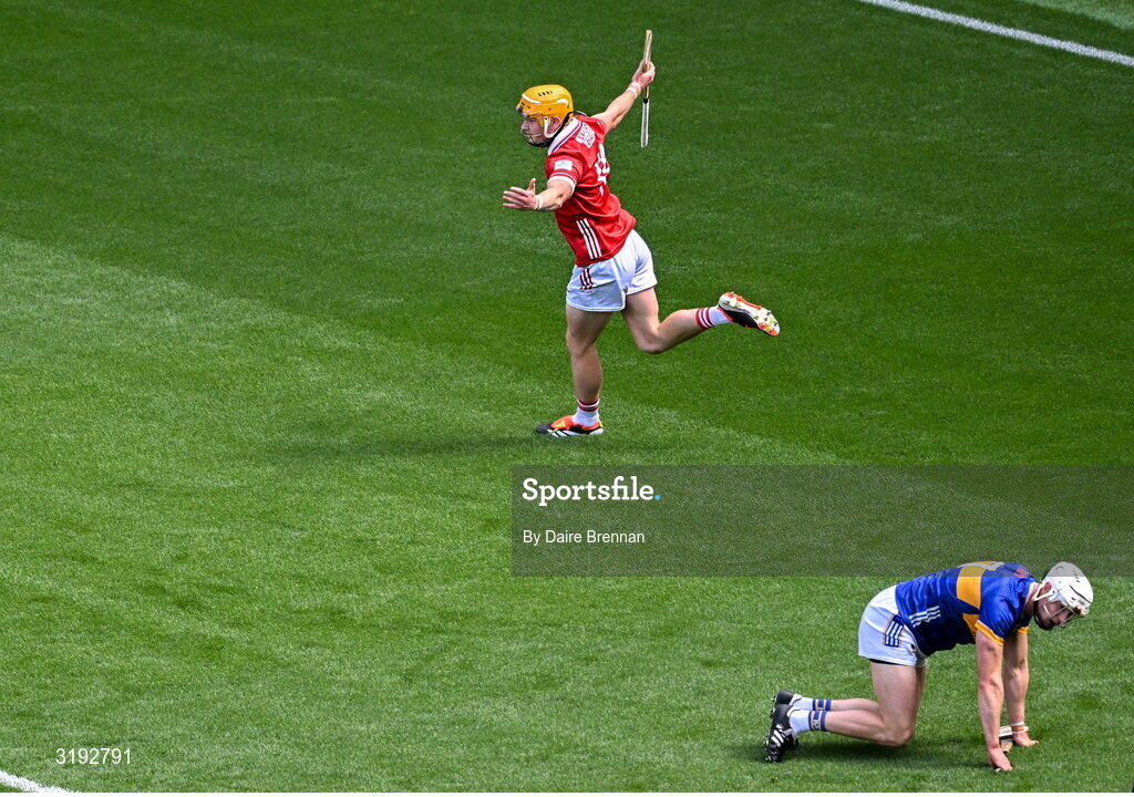 20 July 2025; Shane Barrett of Cork celebrates after scoring his side's first goal during the GAA Hurling All-Ireland Senior Championship final match between Cork and Tipperary at Croke Park in Dublin. Photo by Daire Brennan/Sportsfile