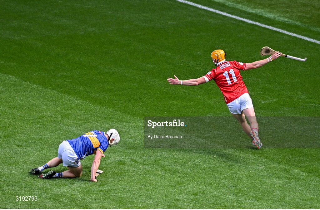 20 July 2025; Shane Barrett of Cork, 11, celebrates after scoring his side's first goal during the GAA Hurling All-Ireland Senior Championship final match between Cork and Tipperary at Croke Park in Dublin. Photo by Daire Brennan/Sportsfile