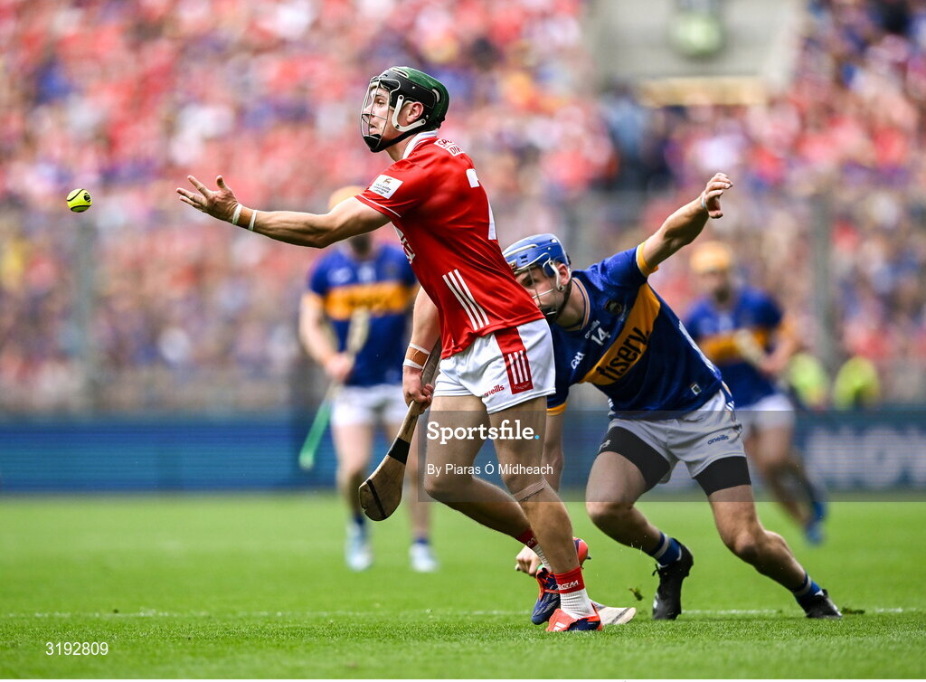 20 July 2025; Mark Coleman of Cork in action against John McGrath of Tipperary during the GAA Hurling All-Ireland Senior Championship final match between Cork and Tipperary at Croke Park in Dublin. Photo by Piaras Ó Mídheach/Sportsfile