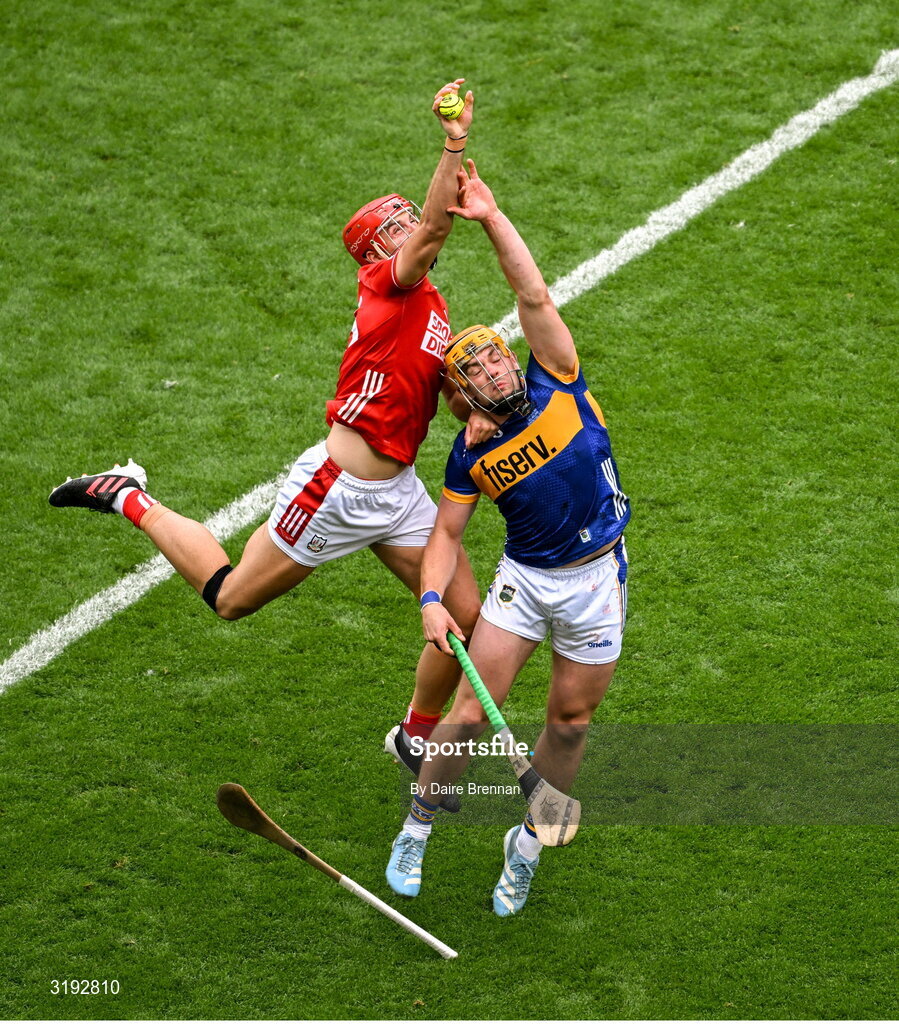 20 July 2025; Brian Hayes of Cork and Ronan Maher of Tipperary contest a dropping ball during the GAA Hurling All-Ireland Senior Championship final match between Cork and Tipperary at Croke Park in Dublin. Photo by Daire Brennan/Sportsfile