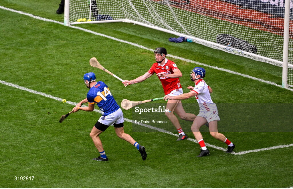 20 July 2025; John McGrath of Tipperary scores his side's first goal during the GAA Hurling All-Ireland Senior Championship final match between Cork and Tipperary at Croke Park in Dublin. Photo by Daire Brennan/Sportsfile