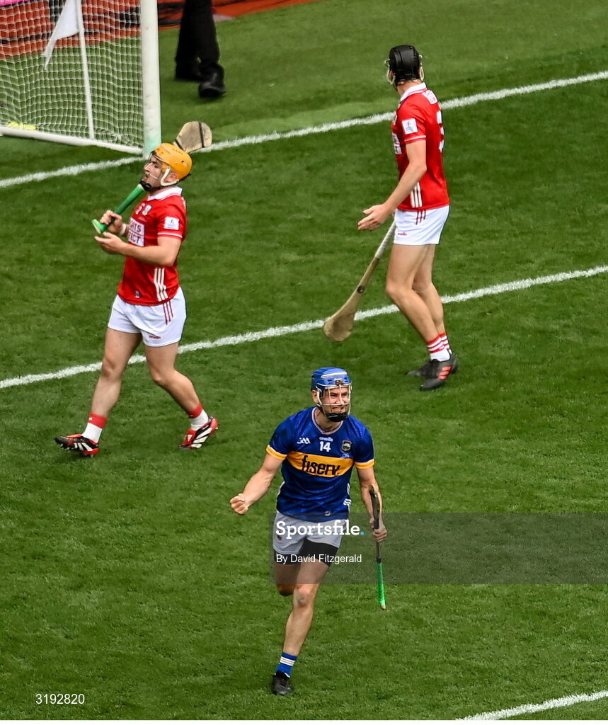 20 July 2025; John McGrath of Tipperary celebrates after scoring his side's first goal during the GAA Hurling All-Ireland Senior Championship final match between Cork and Tipperary at Croke Park in Dublin. Photo by David Fitzgerald/Sportsfile