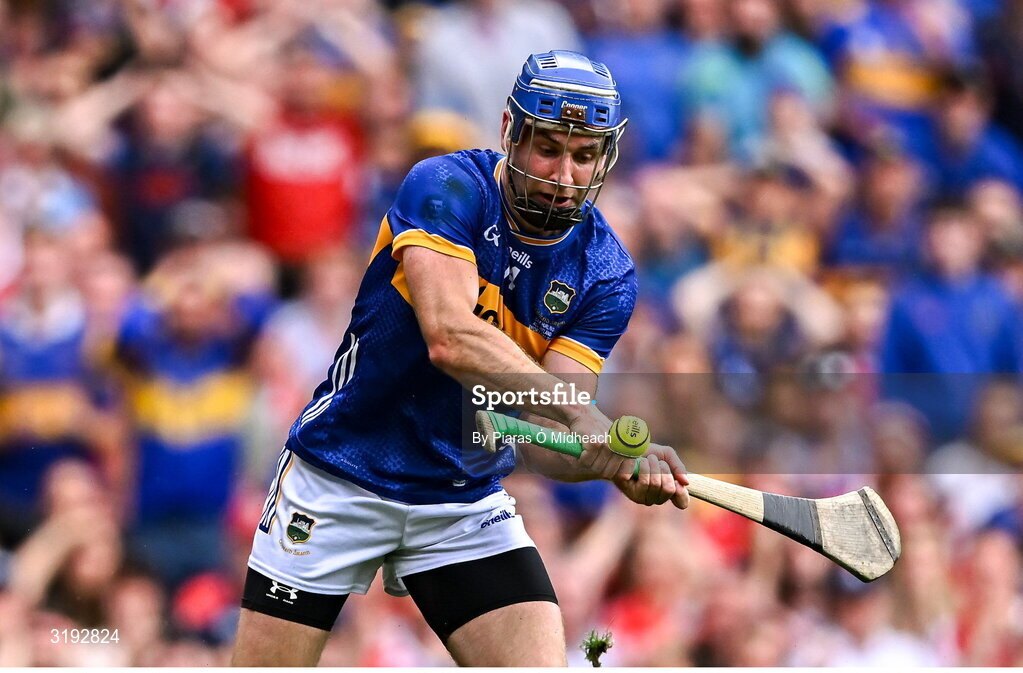 20 July 2025; John McGrath of Tipperary shoots to score his side's first goal during the GAA Hurling All-Ireland Senior Championship final match between Cork and Tipperary at Croke Park in Dublin. Photo by Piaras Ó Mídheach/Sportsfile