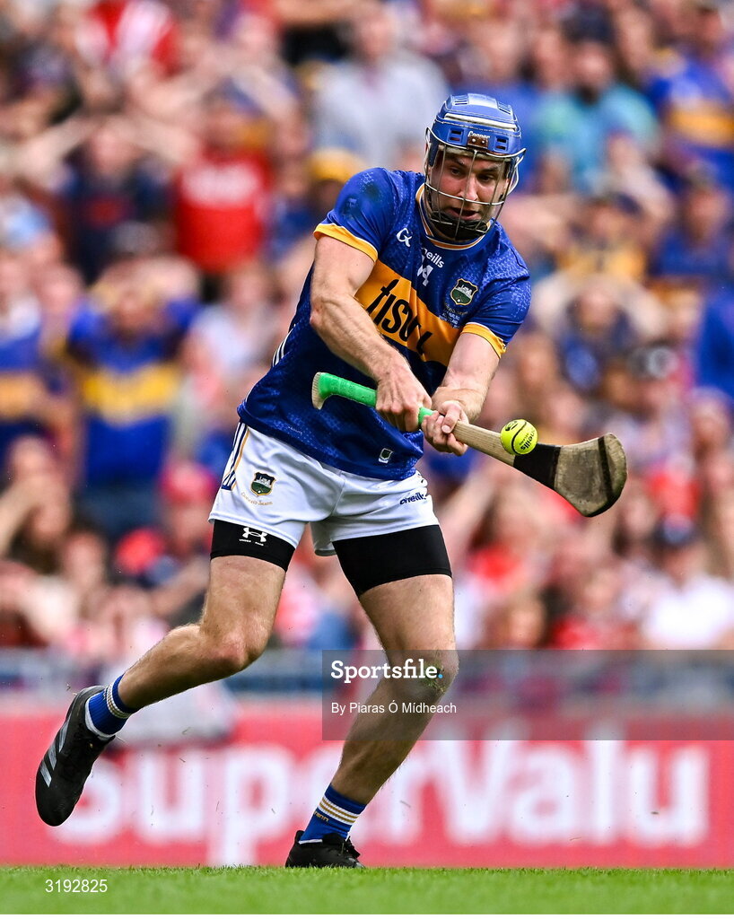 20 July 2025; John McGrath of Tipperary shoots to score his side's first goal during the GAA Hurling All-Ireland Senior Championship final match between Cork and Tipperary at Croke Park in Dublin. Photo by Piaras Ó Mídheach/Sportsfile
