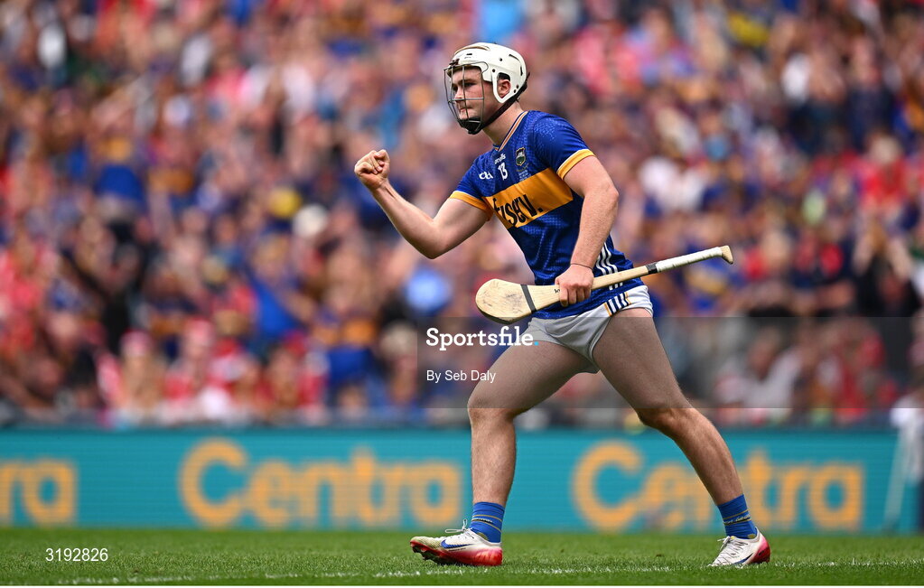 20 July 2025; Darragh McCarthy of Tipperary celebrates after scoring his side's second goal from a penalty during the GAA Hurling All-Ireland Senior Championship final match between Cork and Tipperary at Croke Park in Dublin. Photo by Seb Daly/Sportsfile