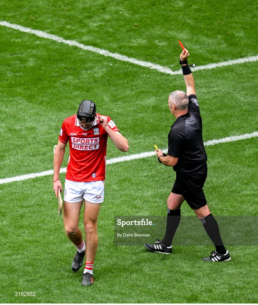 20 July 2025; Eoin Downey of Cork is shown a red card by referee Liam Gordon during the GAA Hurling All-Ireland Senior Championship final match between Cork and Tipperary at Croke Park in Dublin. Photo by Daire Brennan/Sportsfile