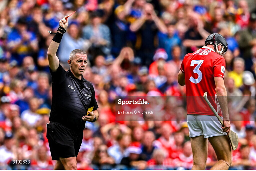 20 July 2025; Referee Liam Gordon shows the red card to Eoin Downey of Cork, 3, during the GAA Hurling All-Ireland Senior Championship final match between Cork and Tipperary at Croke Park in Dublin. Photo by Piaras Ó Mídheach/Sportsfile