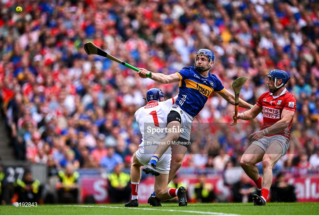 20 July 2025; John McGrath of Tipperary scores his side's third goal during the GAA Hurling All-Ireland Senior Championship final match between Cork and Tipperary at Croke Park in Dublin. Photo by Piaras Ó Mídheach/Sportsfile